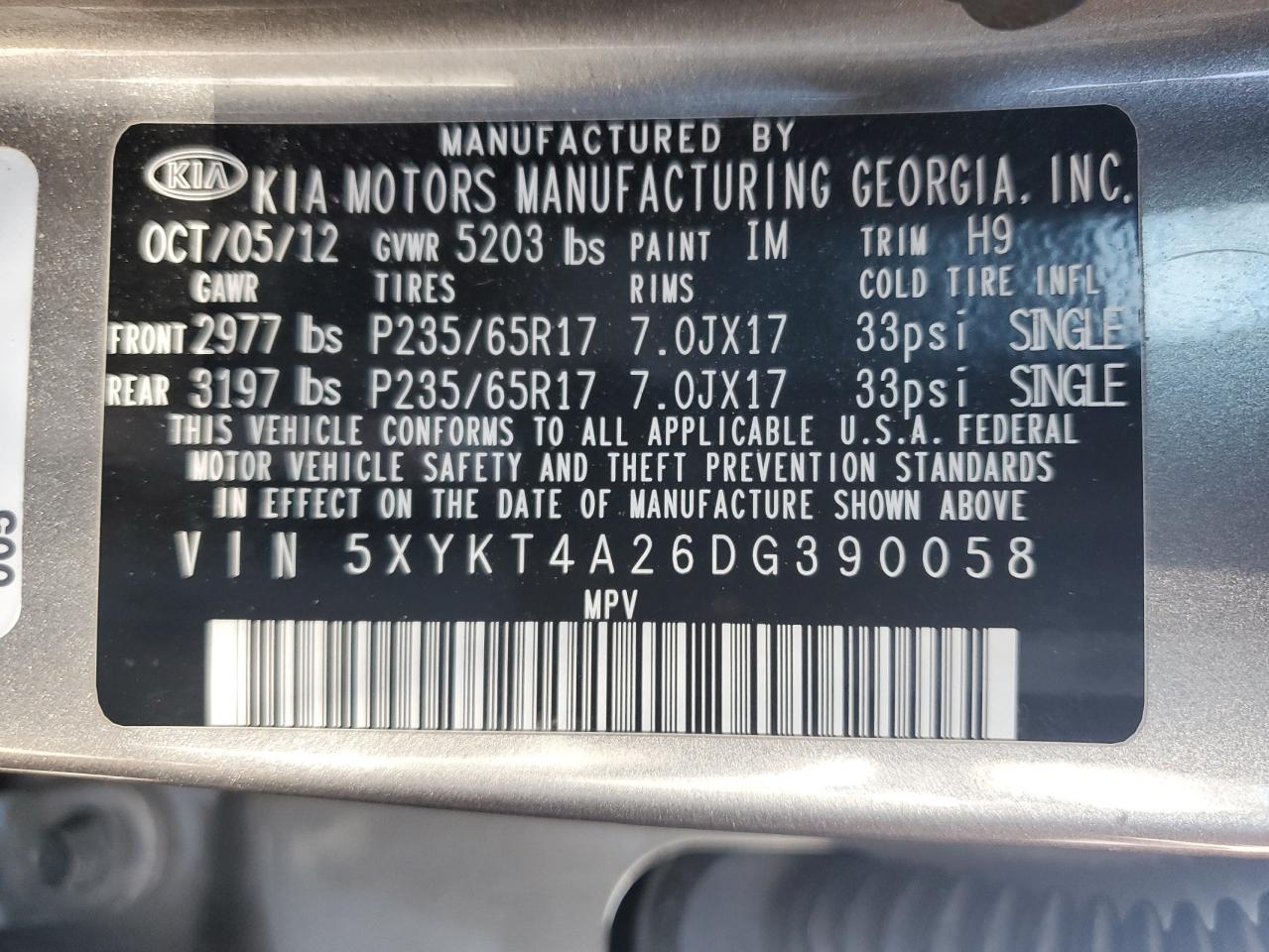 5XYKT4A26DG390058 2013 Kia Sorento Lx