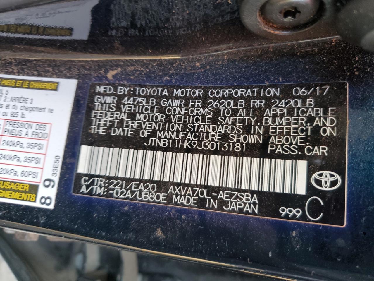 JTNB11HK9J3013181 2018 Toyota Camry L