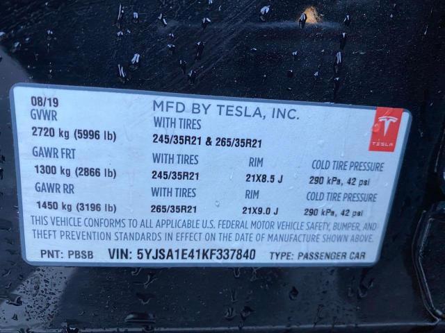 5YJSA1E41KF337840 | 2019 TESLA MODEL S