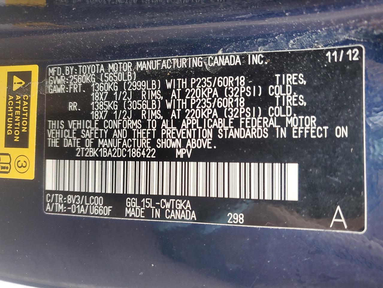 2t2bk1ba2dc186422 2T2BK1BA2DC186422 2013 Lexus Rx 350 Base