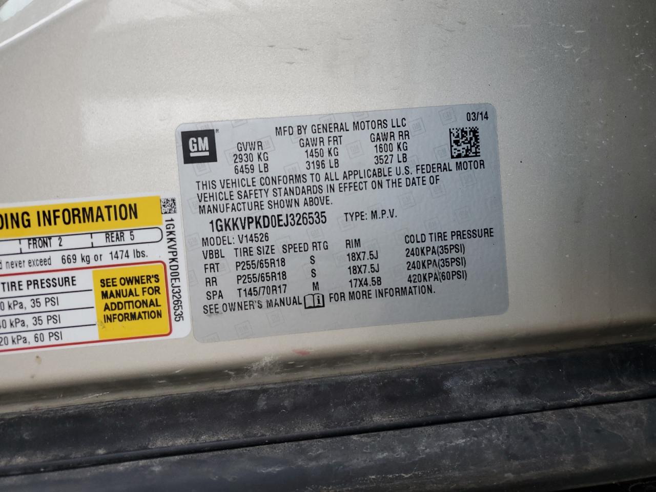 1GKKVPKD0EJ326535 2014 GMC Acadia Sle