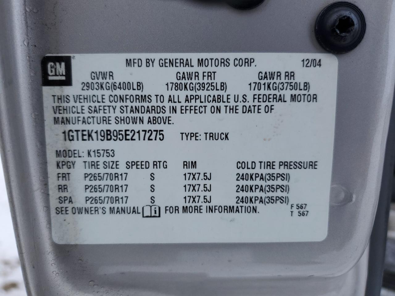 1GTEK19B95E217275 2005 GMC New Sierra K1500