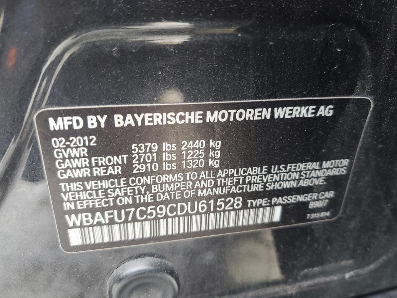 WBAFU7C59CDU61528 2012 BMW 535 Xi