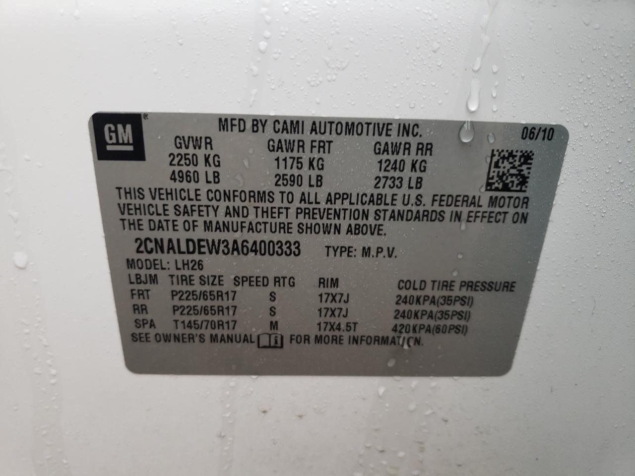 2CNALDEW3A6400333 2010 Chevrolet Equinox Lt