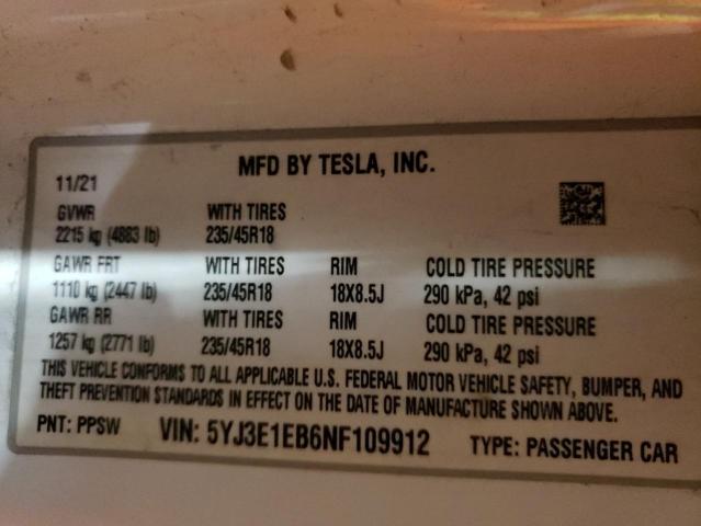 2022 TESLA MODEL 3 - 5YJ3E1EB6NF109912