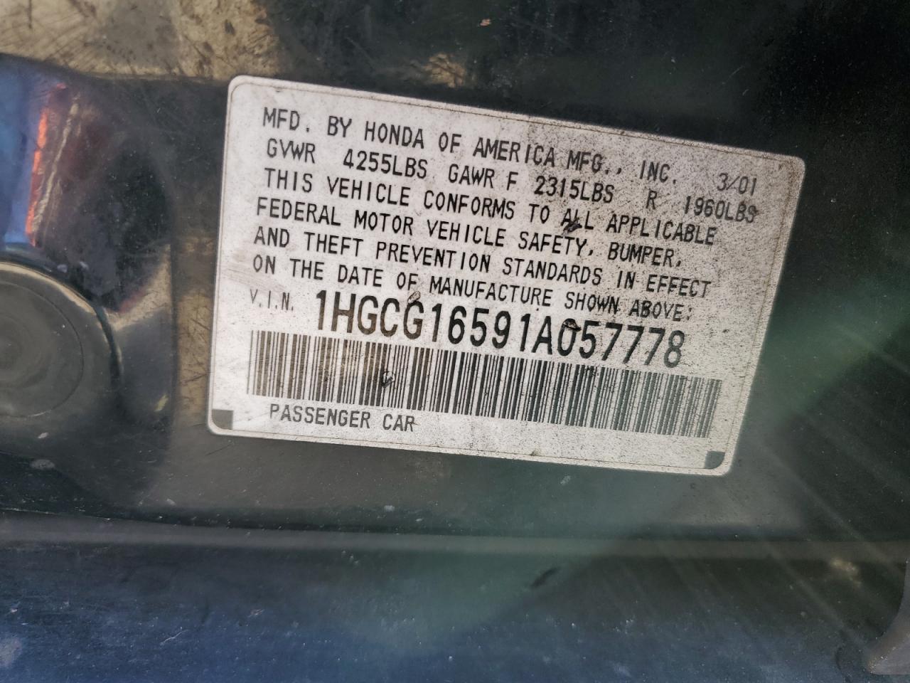 1HGCG16591A057778 2001 Honda Accord Ex