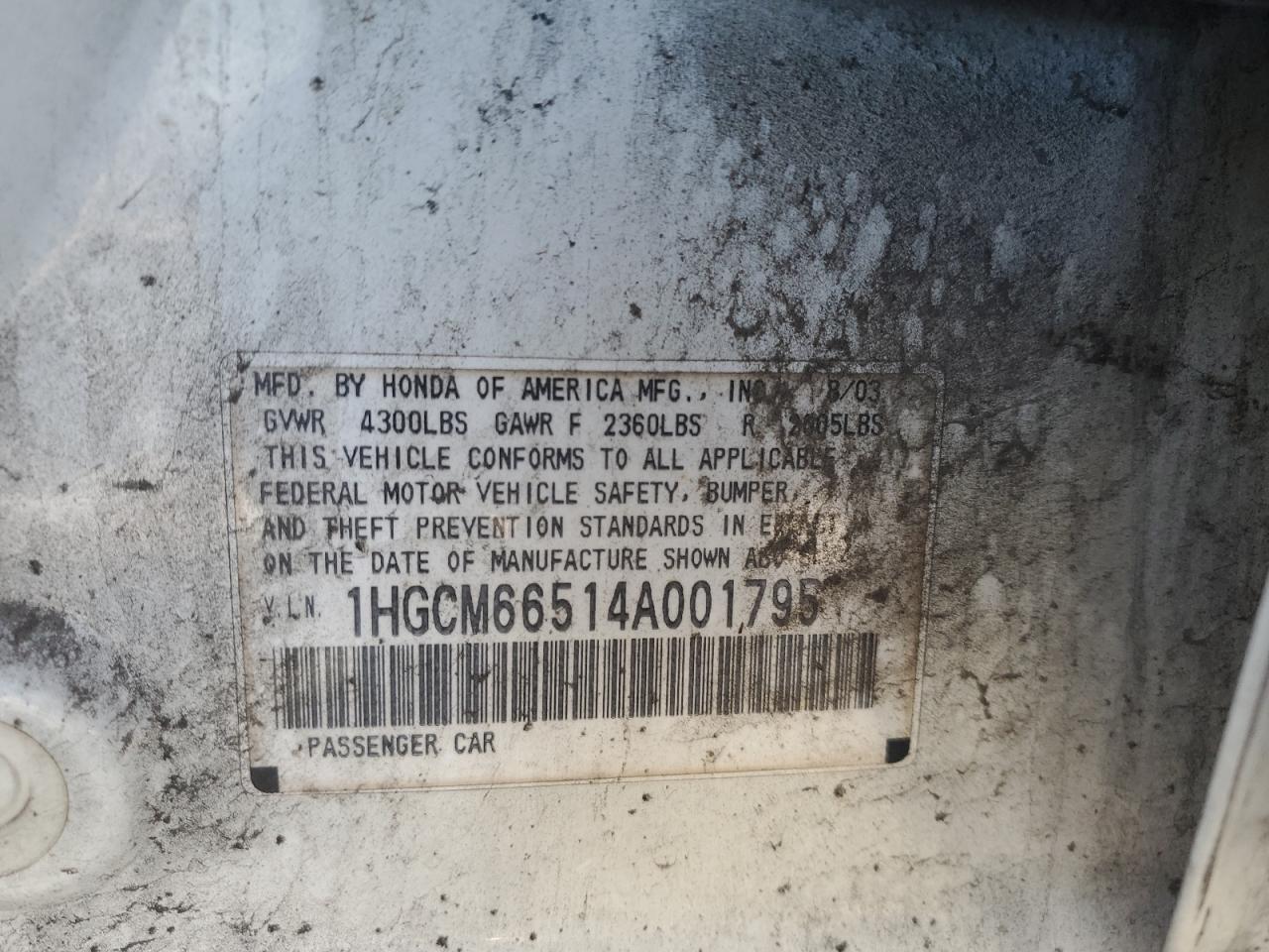 1HGCM66514A001795 2004 Honda Accord Ex