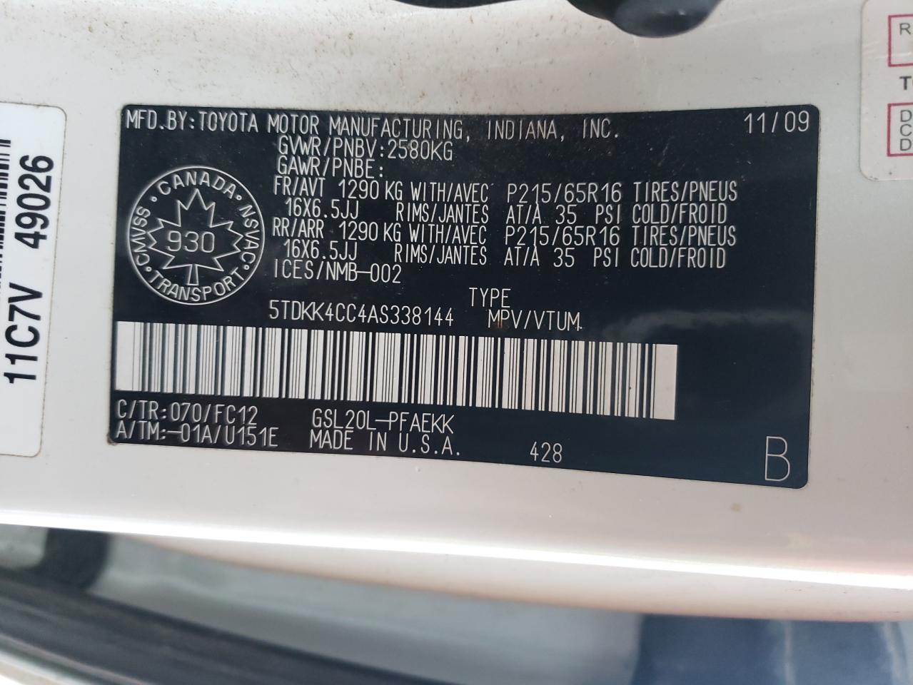 5TDKK4CC4AS338144 2010 Toyota Sienna Ce