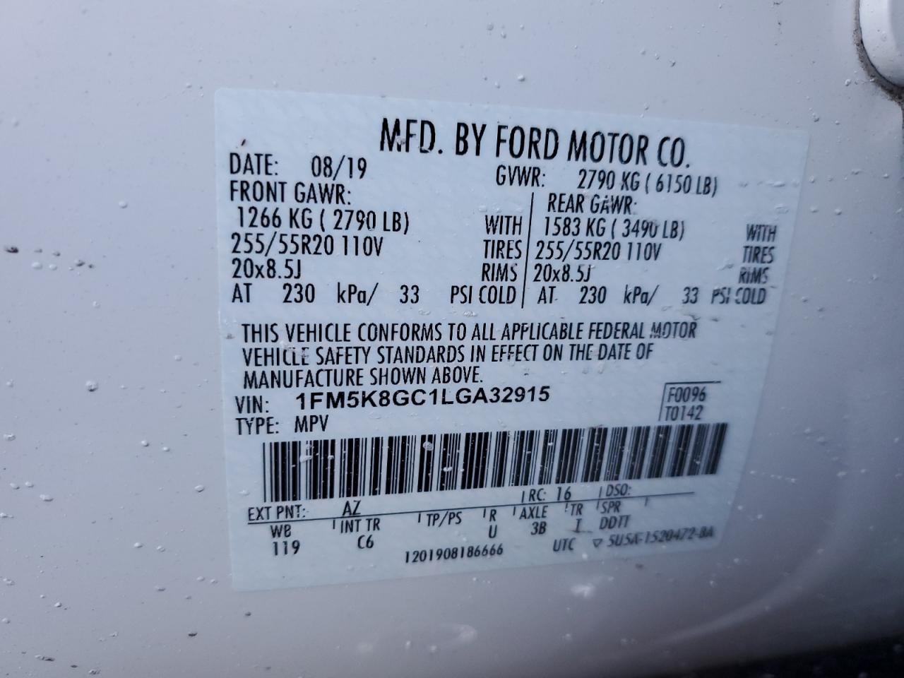 VIN: 1FM5K8GC1LGA32915 2020 FORD EXPLORER
