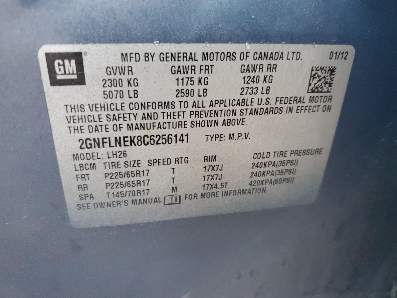 2GNFLNEK8C6256141 2012 Chevrolet Equinox Lt