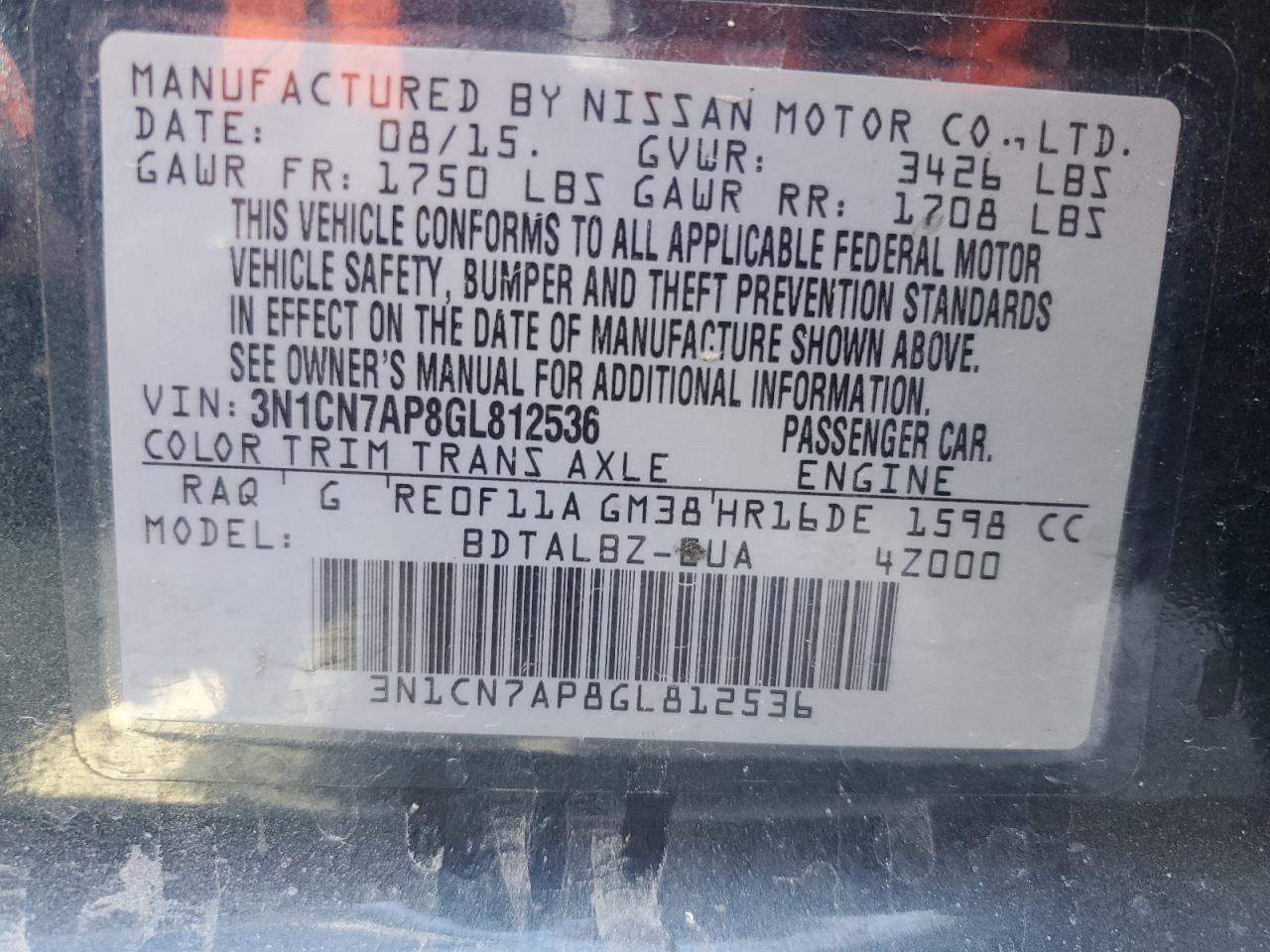 3N1CN7AP8GL812536 NISSAN VERSA 2016
