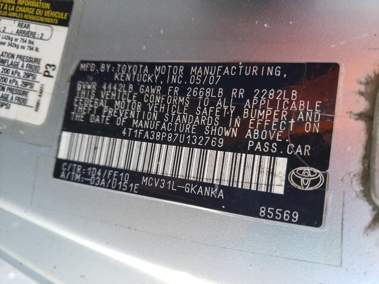 4T1FA38P87U132769 2007 Toyota Camry Solara Se