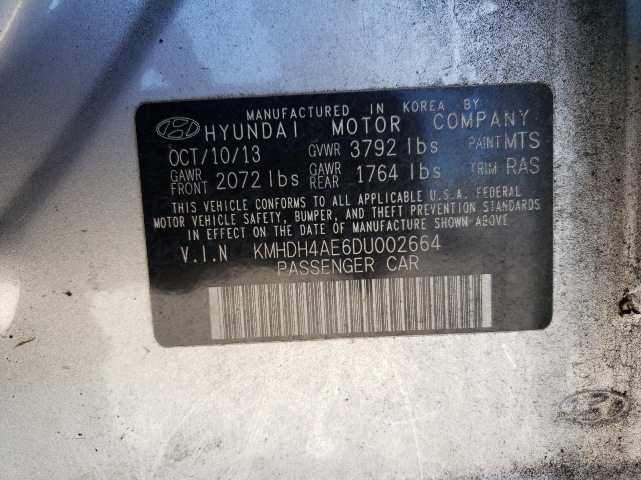 KMHDH4AE6DU002664 2013 Hyundai Elantra Gls