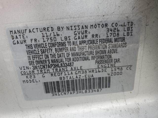 3N1CN7AP3HL833487 | 2017 NISSAN VERSA S