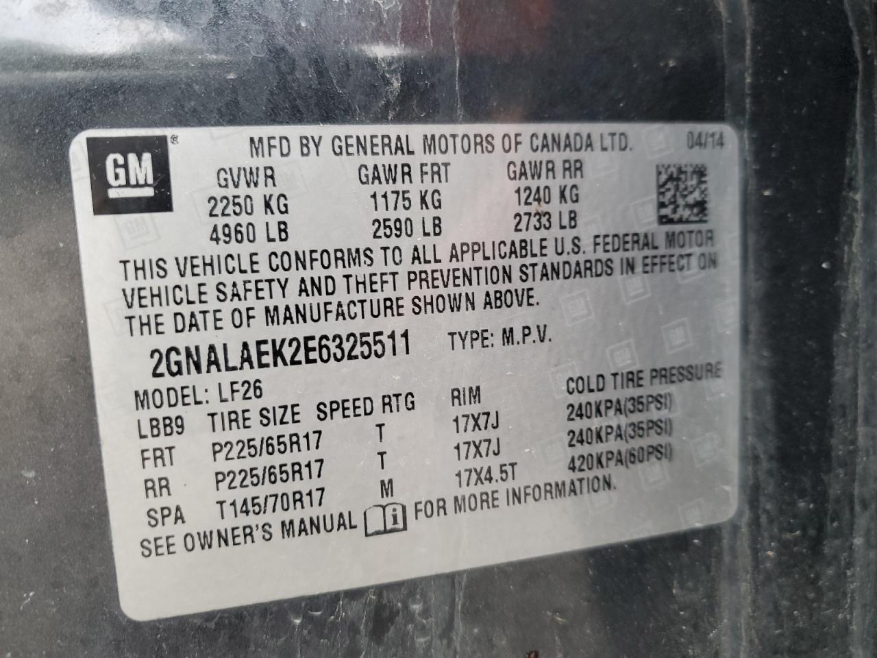 2GNALAEK2E6325511 2014 Chevrolet Equinox Ls