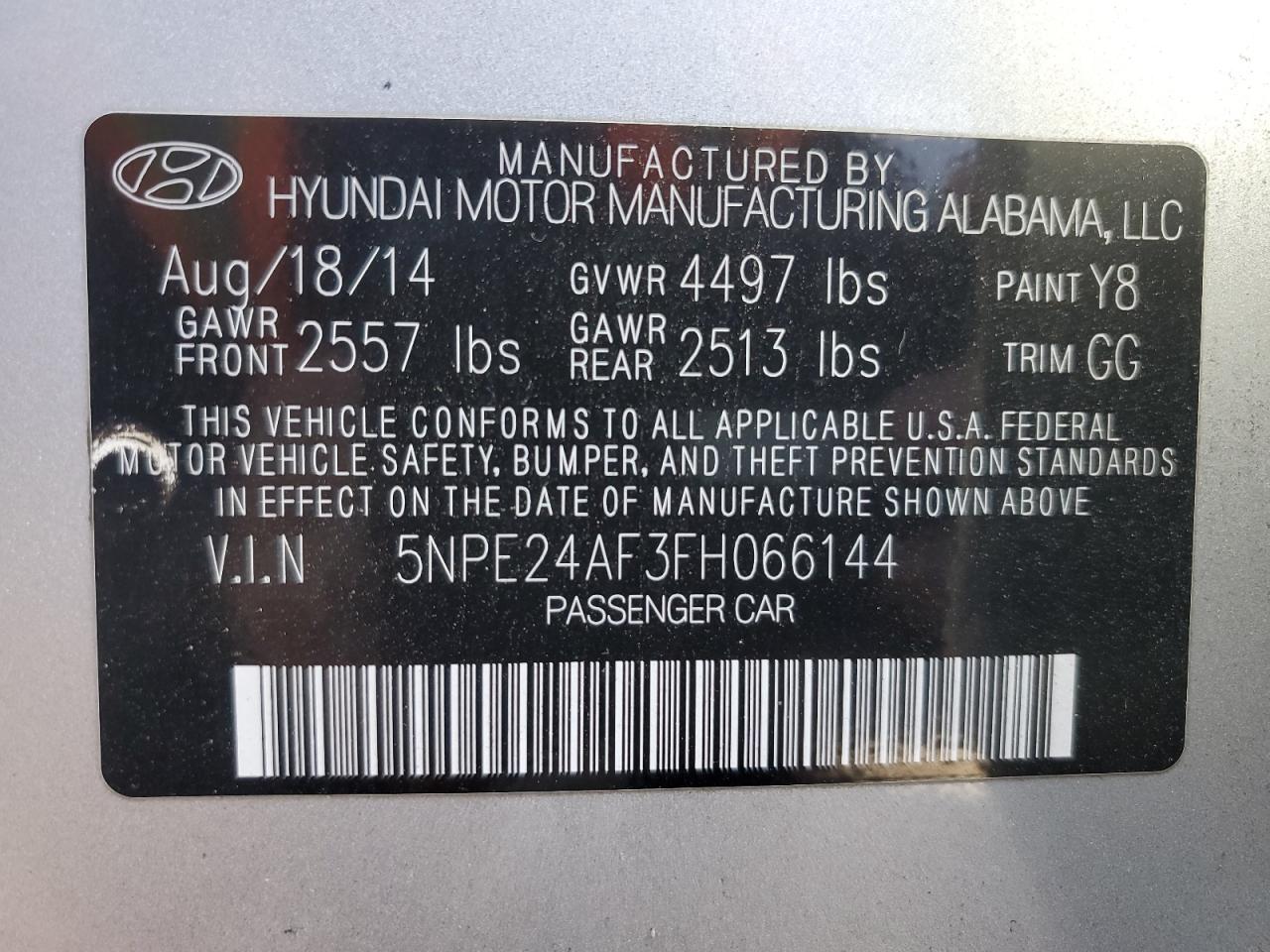 5NPE24AF3FH066144 2015 Hyundai Sonata Se