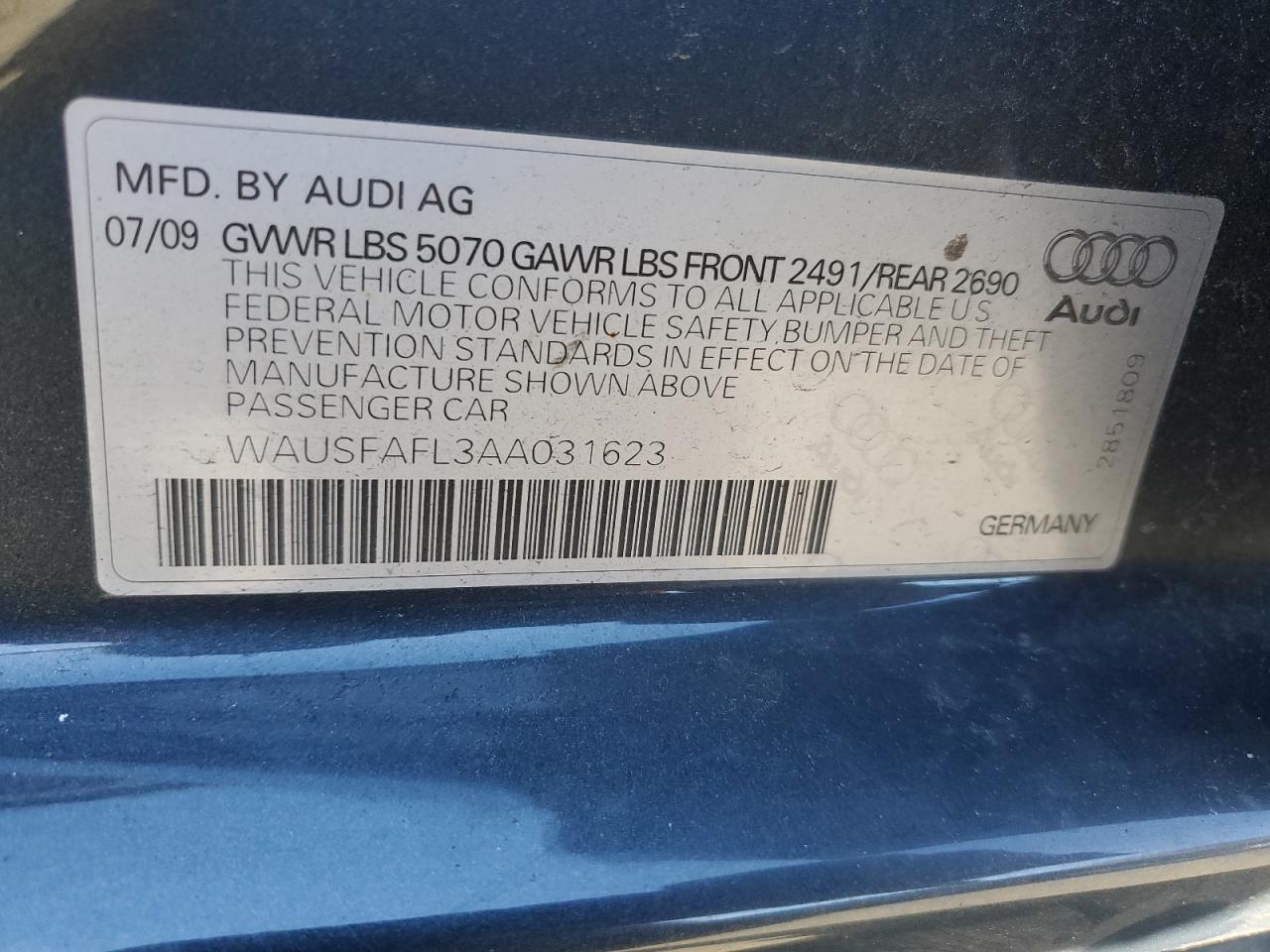 WAUSFAFL3AA031623 2010 Audi A4 Premium