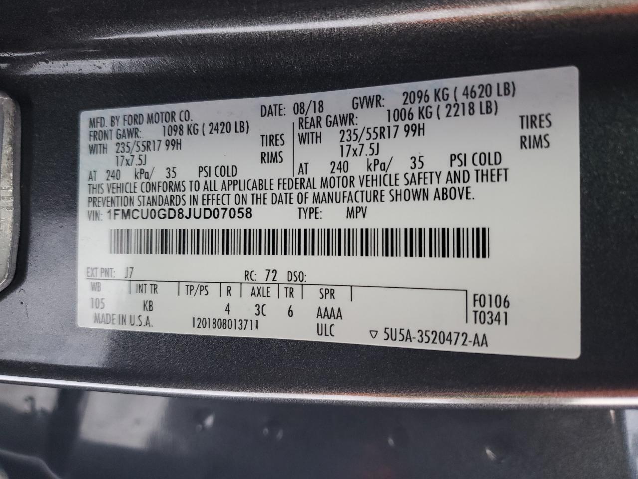 1FMCU0GD8JUD07058 2018 Ford Escape Se