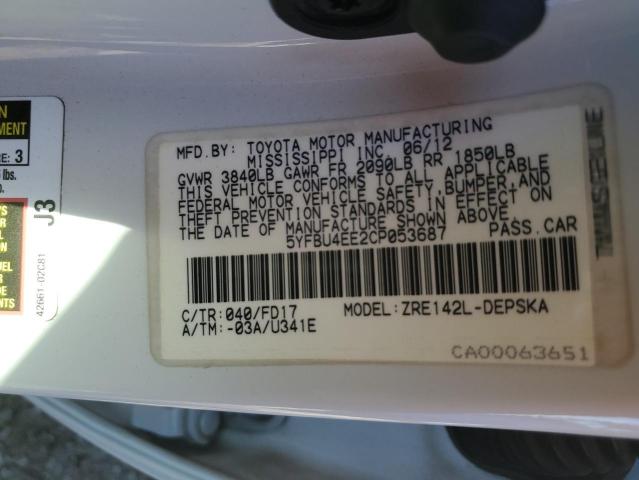 5YFBU4EE2CP053687 | 2012 Toyota corolla base