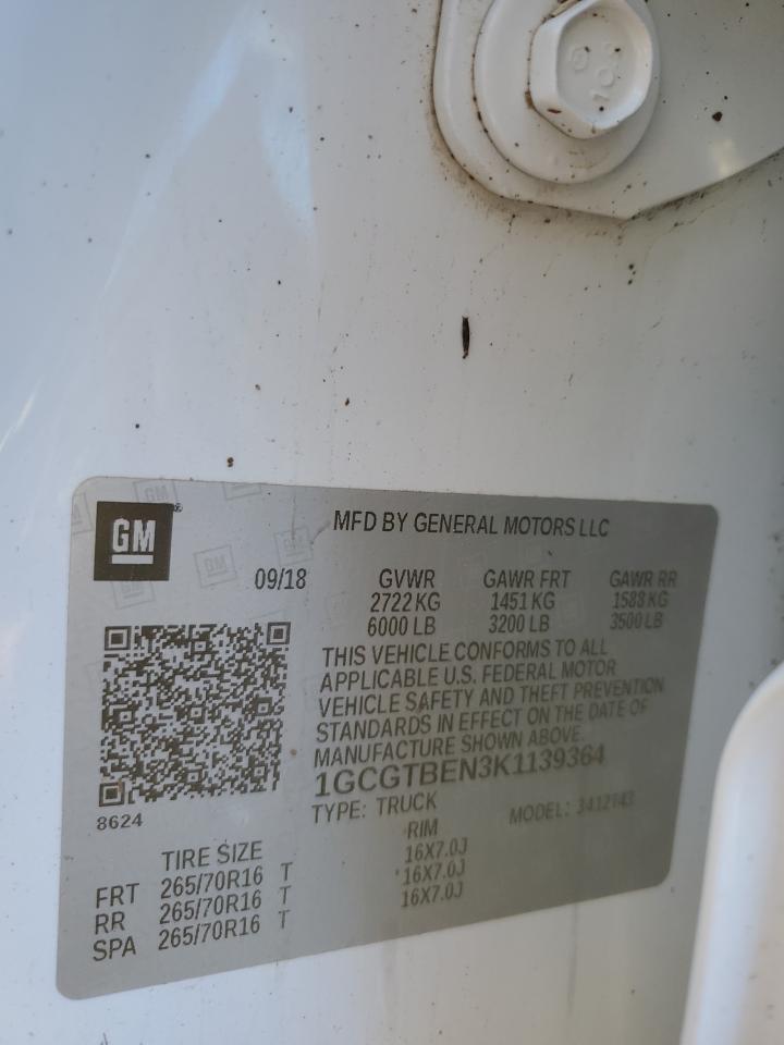 VIN: 1GCGTBEN3K1139364 2019 CHEVROLET COLORADO