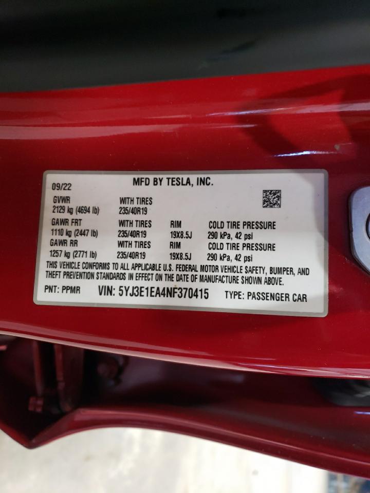 5YJ3E1EA4NF370415 2022 Tesla Model 3