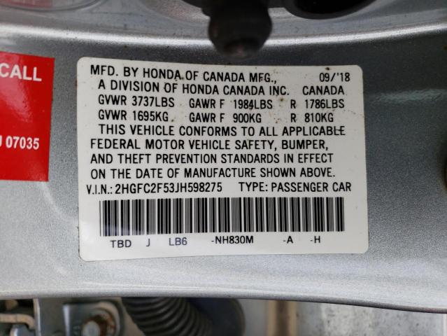 2HGFC2F53JH598275 | 2018 HONDA CIVIC LX