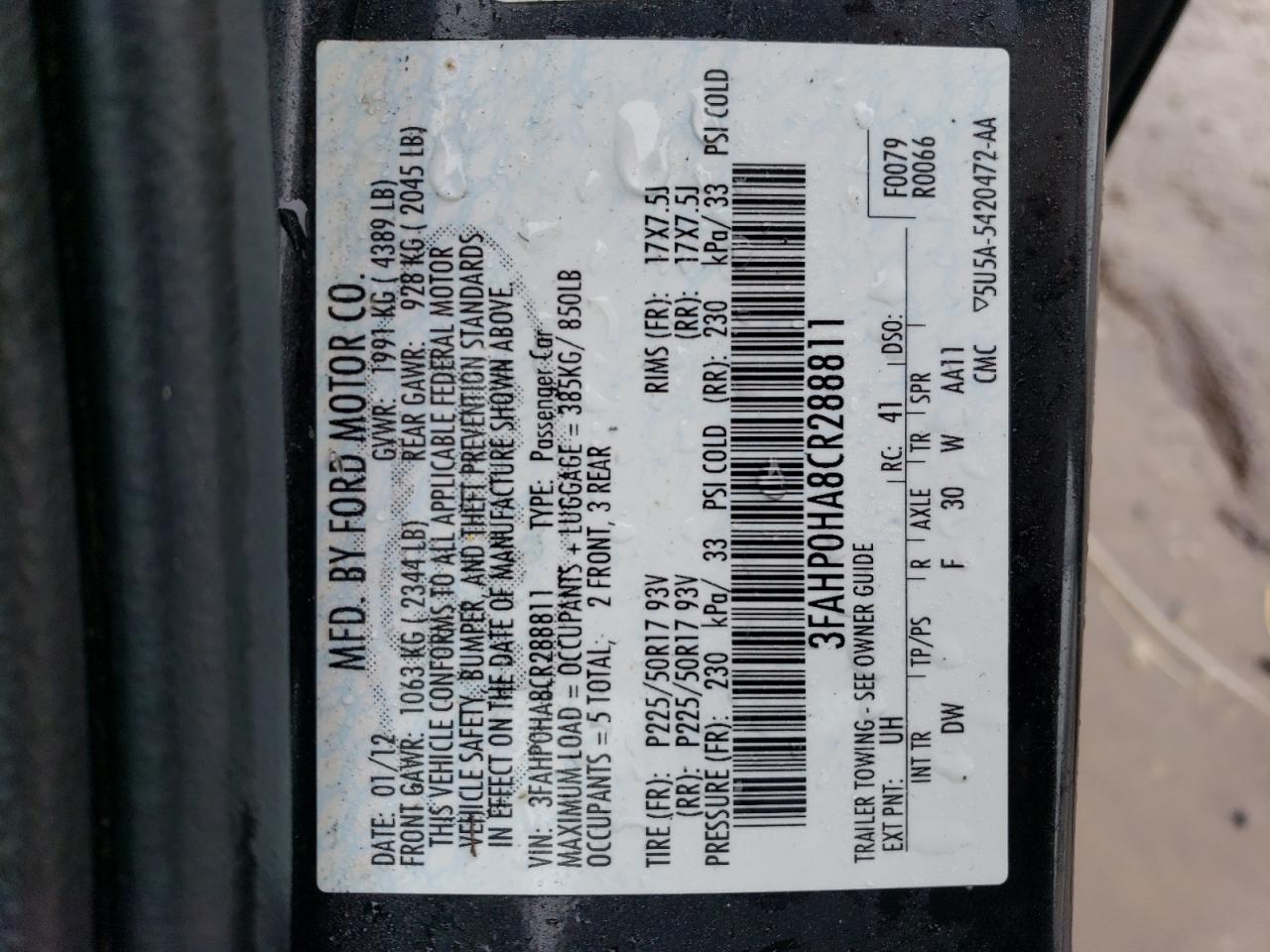 3FAHP0HA8CR288811 2012 Ford Fusion Se