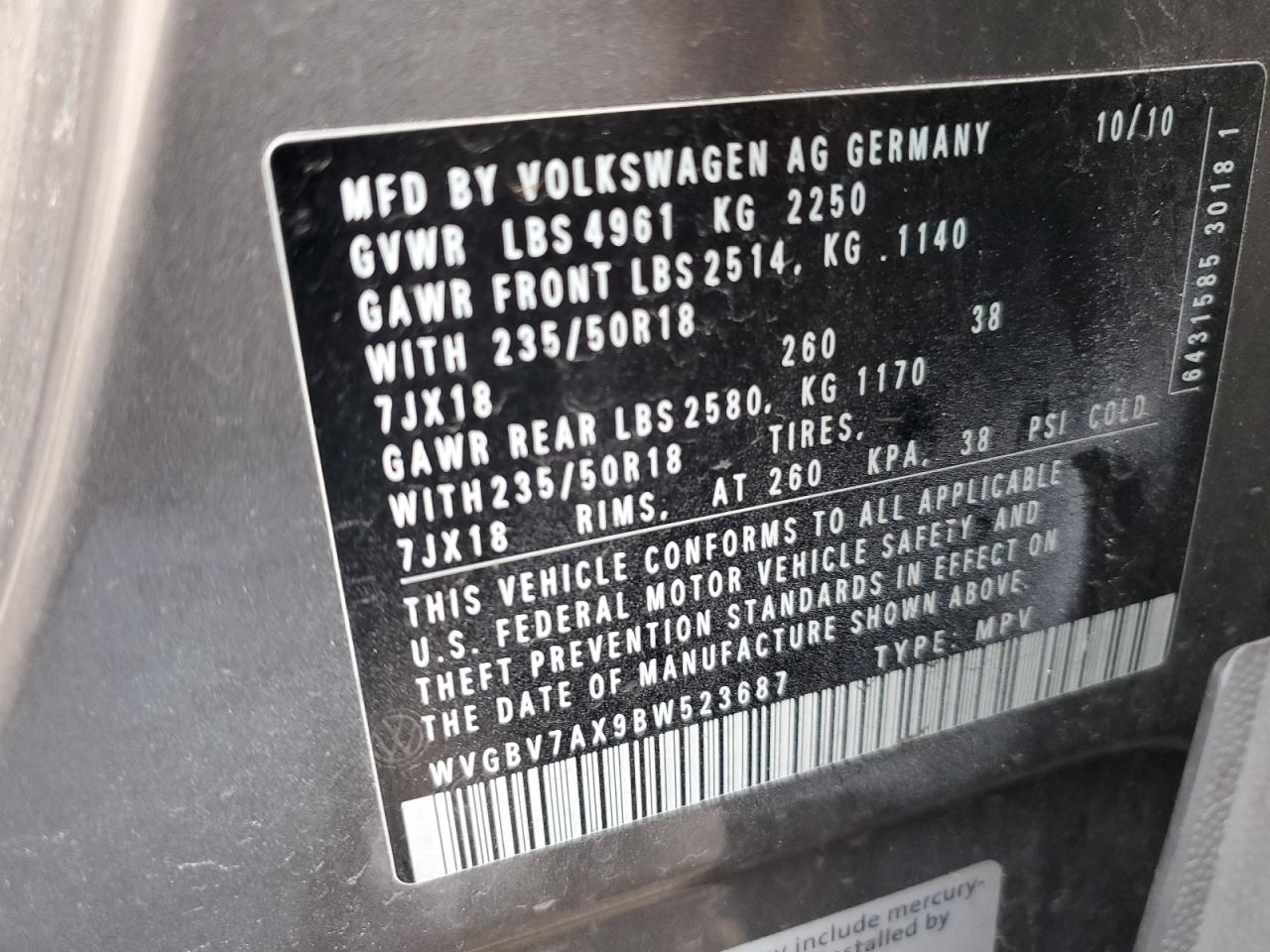 WVGBV7AX9BW523687 2011 Volkswagen Tiguan S