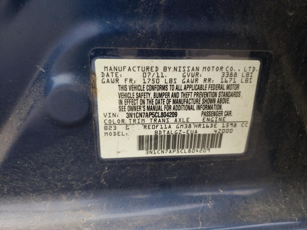 3N1CN7AP5CL804209 2012 Nissan Versa S 3N1CN7AP5CL804209 2012 Nissan Versa S