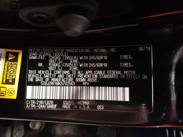 VIN 5TDJZRFH8KS702563 2019 Toyota Highlander, SE no.12