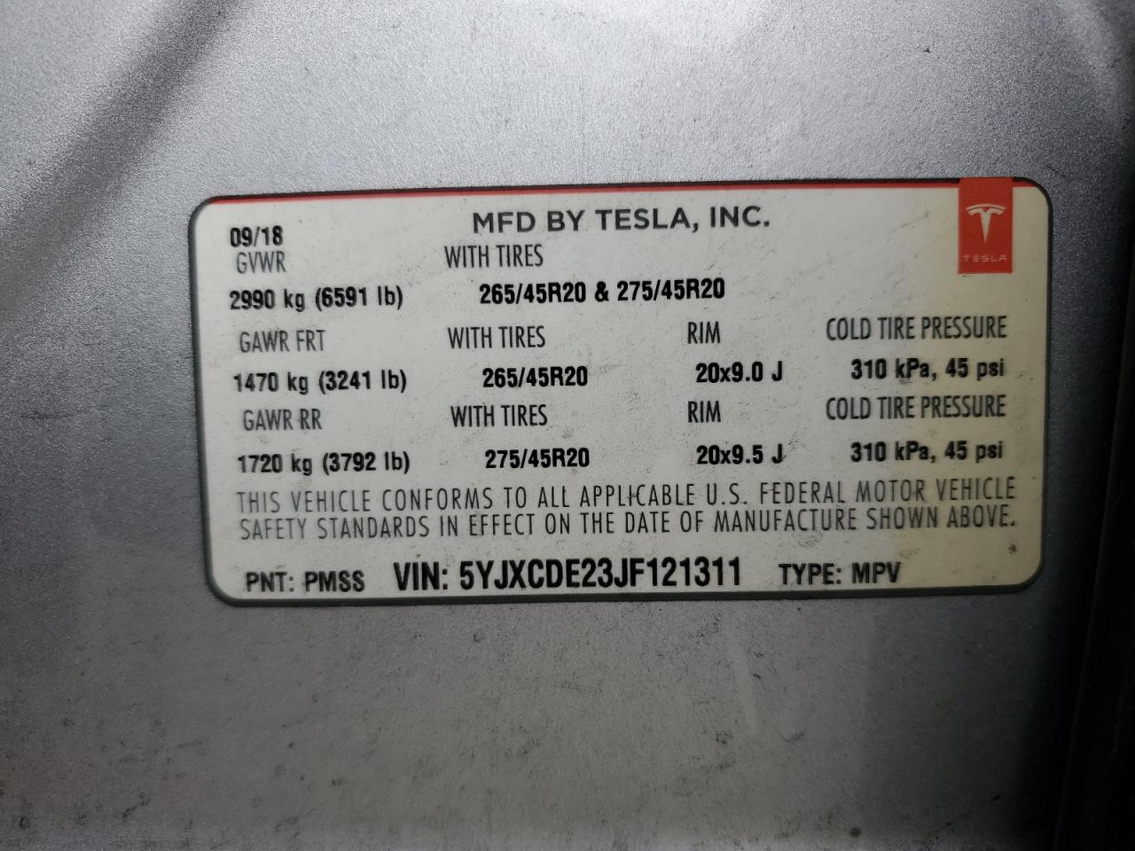 5YJXCDE23JF121311 2018 Tesla Model X