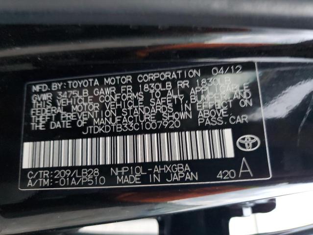 2012 Toyota Prius C VIN: JTDKDTB33C1007920 Lot: 37291624