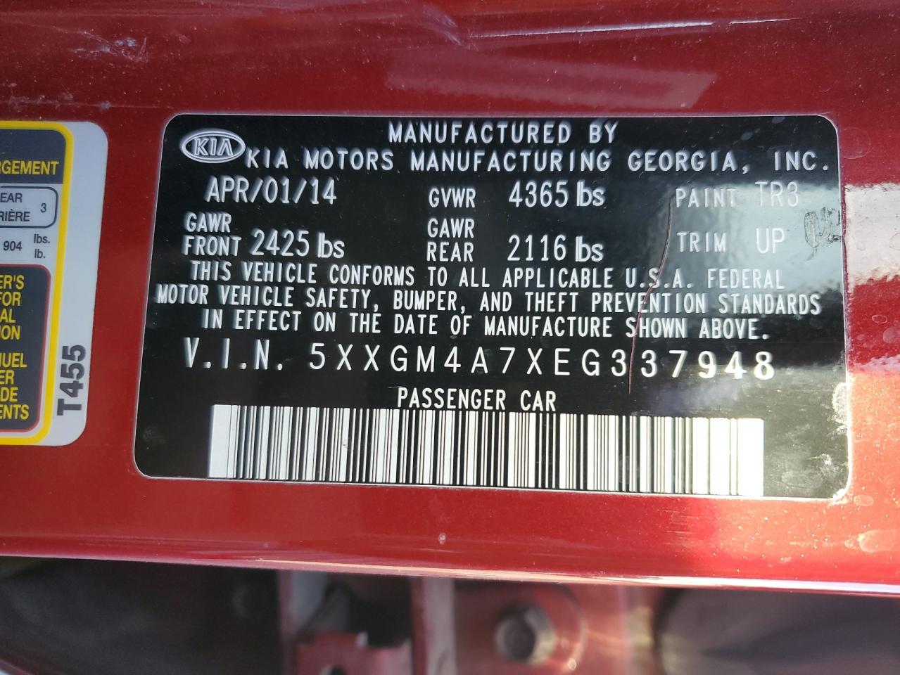 5XXGM4A7XEG337948 2014 Kia Optima Lx