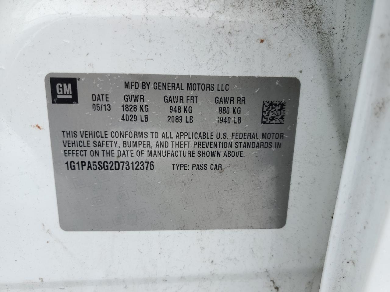 1G1PA5SG2D7312376 2013 Chevrolet Cruze Ls