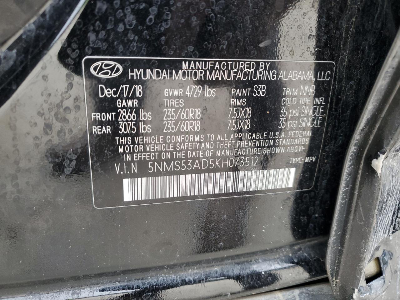 5NMS53AD5KH073512 2019 Hyundai Santa Fe Limited