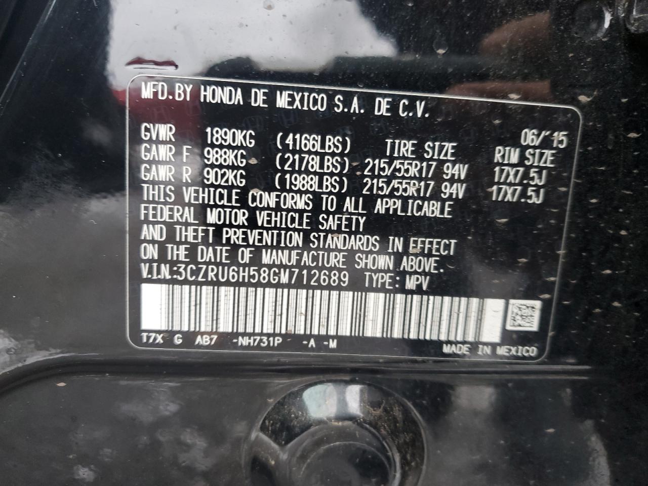 3CZRU6H58GM712689 2016 Honda Hr-V Ex