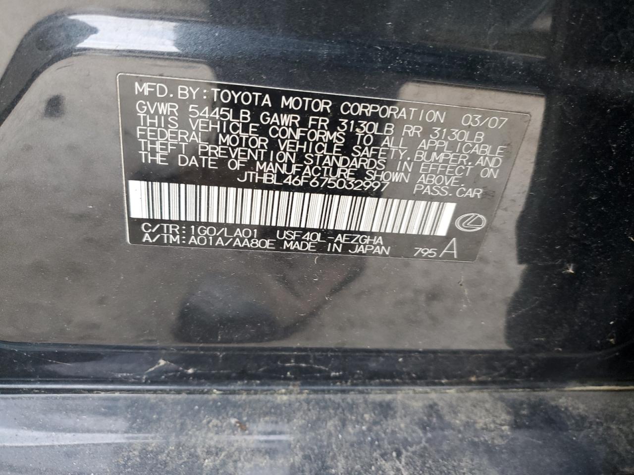jthbl46f675032997 JTHBL46F675032997 2007 Lexus Ls 460