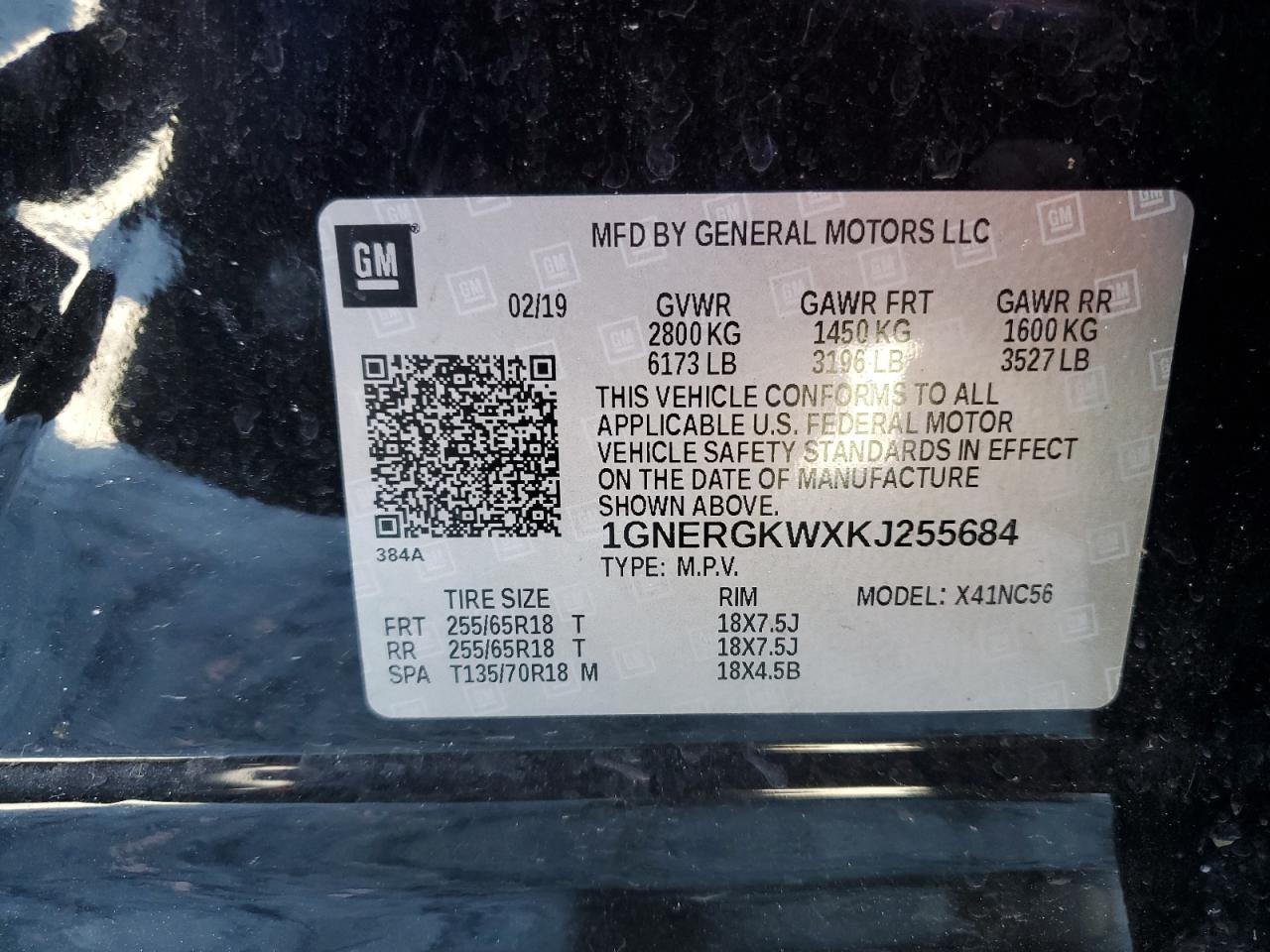 VIN: 1GNERGKWXKJ255684 2019 CHEVROLET TRAVERSE