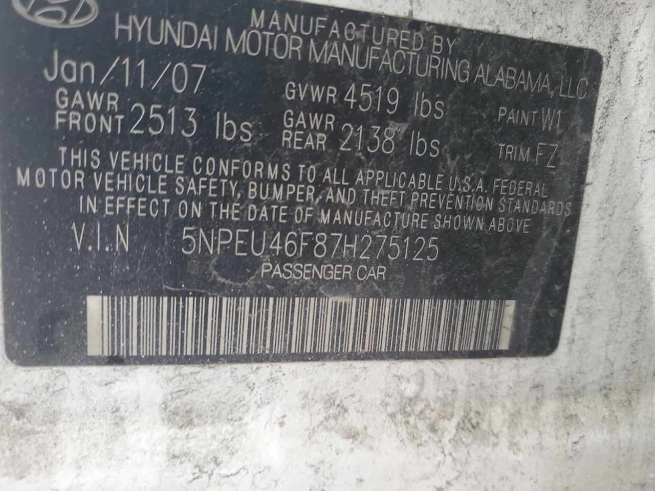 5NPEU46F87H275125 2007 Hyundai Sonata Se