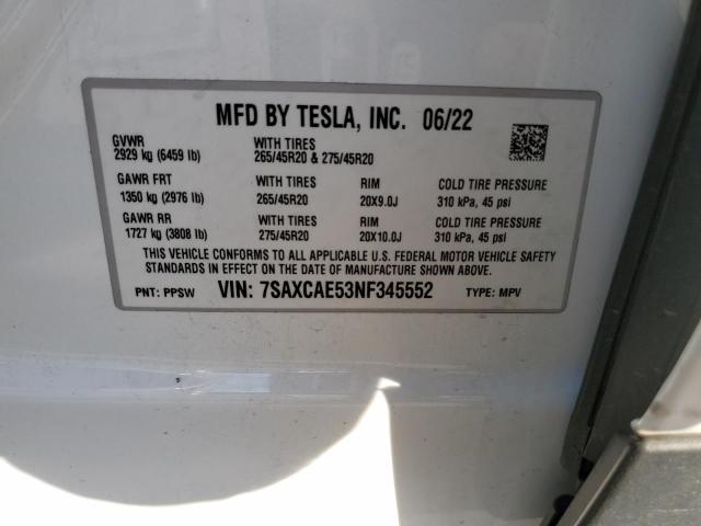 7SAXCAE53NF345552 | 2022 TESLA MODEL X