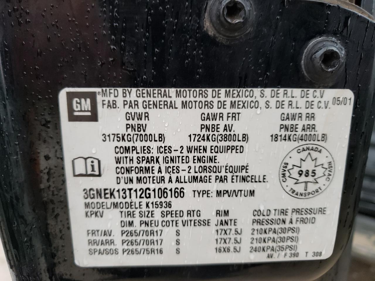 3gnek13t12g106166 3GNEK13T12G106166 2002 Chevrolet Avalanche K1500