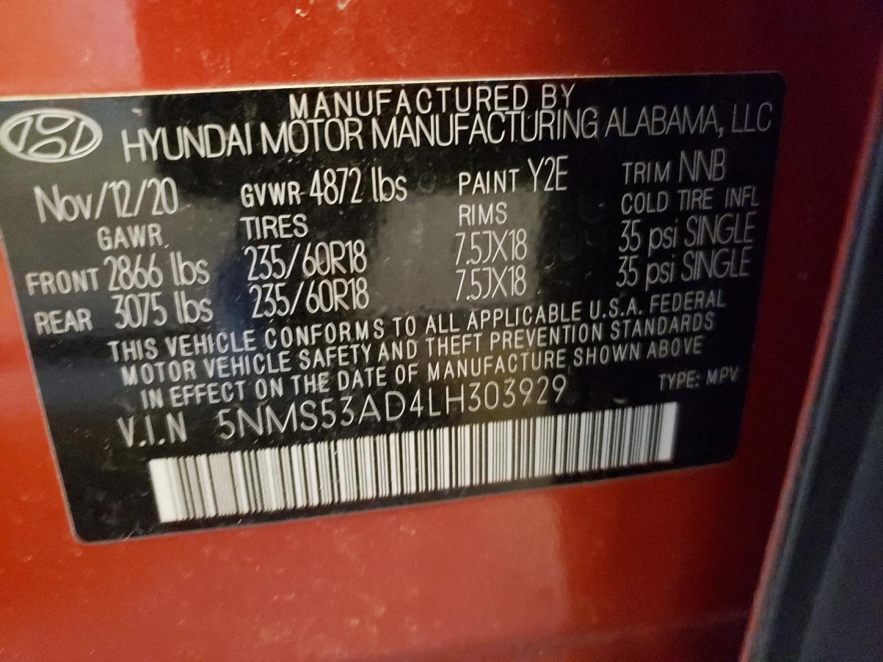 5NMS53AD4LH303929 2020 Hyundai Santa Fe Limited