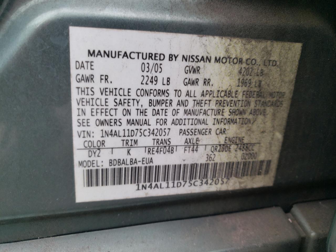 1N4AL11D75C342057 2005 Nissan Altima S