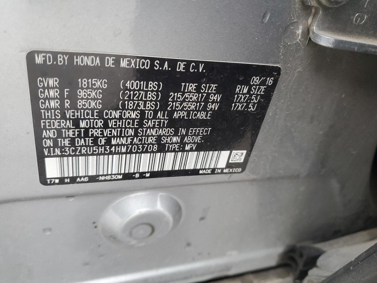 3CZRU5H34HM703708 HONDA HR-V 2017
