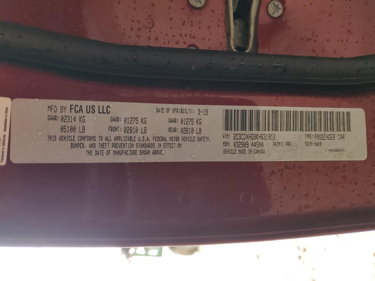 2019 Dodge Charger Gt 3.6L(VIN: 2C3CDXHG9KH631912