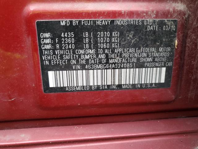 2010 Subaru Legacy 2.5I Premium VIN: 4S3BMBG64A3240851 Lot: 40209784