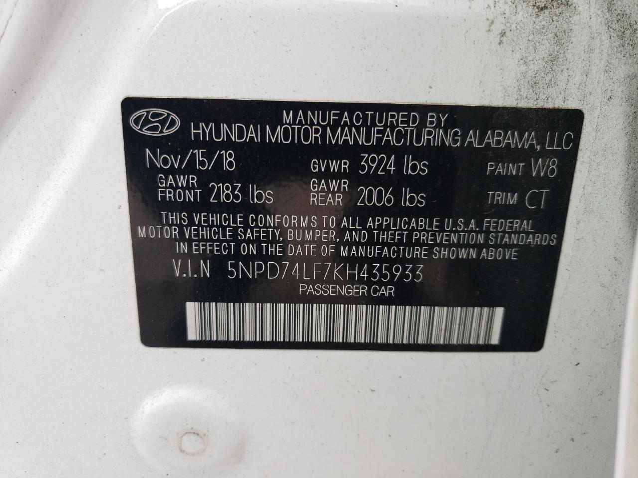 5NPD74LF7KH435933 2019 Hyundai Elantra Se