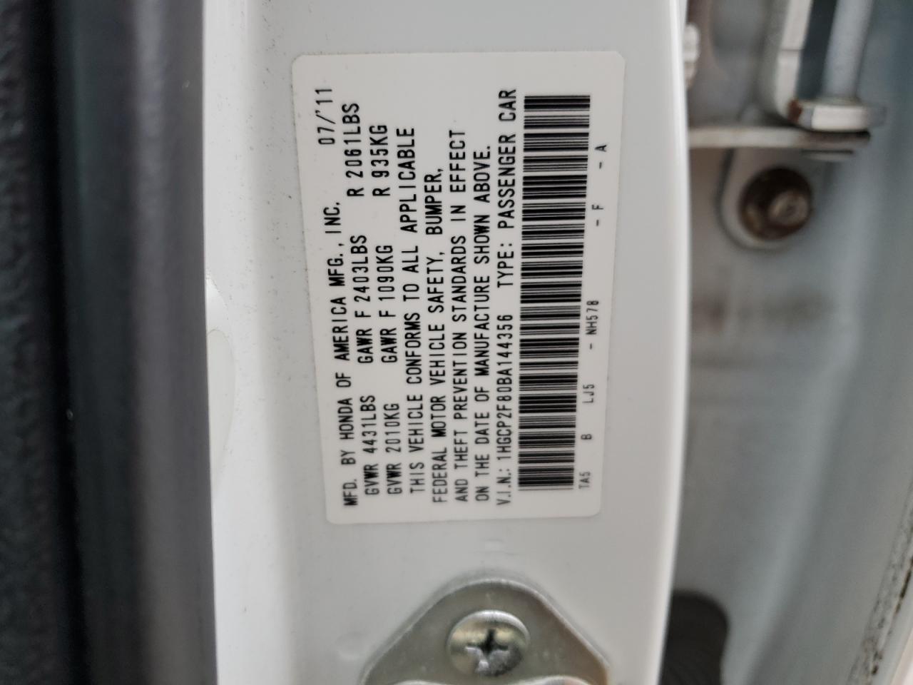 1HGCP2F80BA144356 2011 Honda Accord Exl
