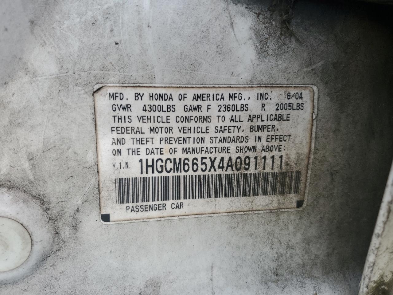 1HGCM665X4A091111 2004 Honda Accord Ex