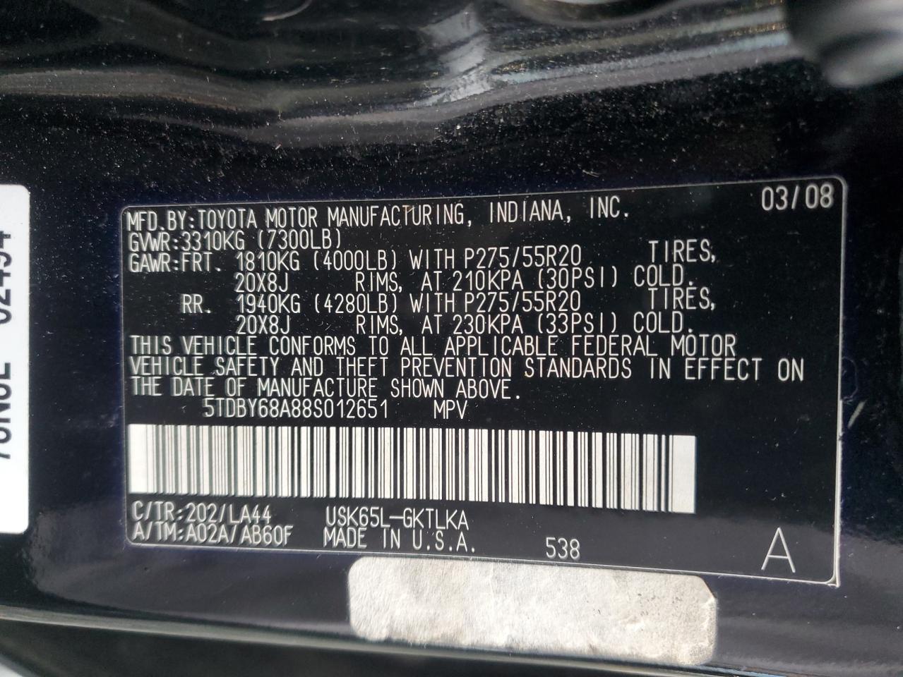 5TDBY68A88S012651 2008 Toyota Sequoia Limited